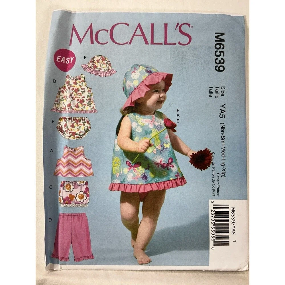 McCall's M6539 Infant Baby Sewing Pattern NB-XL Top Bloomers Hat Pants